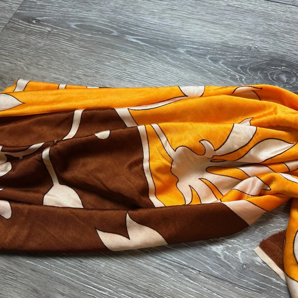 Silky Scarf Sarong Womens OS Brown Orange Floral Tropical Wrap Shawl AI63